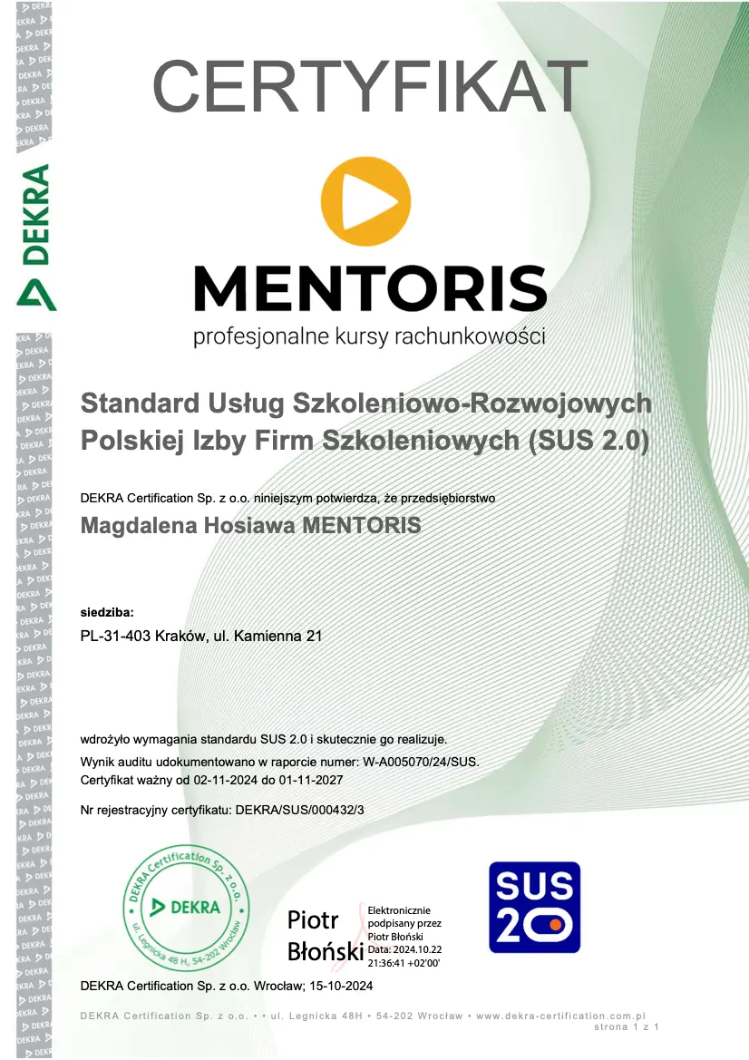 Certyfikat SUS 2.0 DEKRA - Mentoris