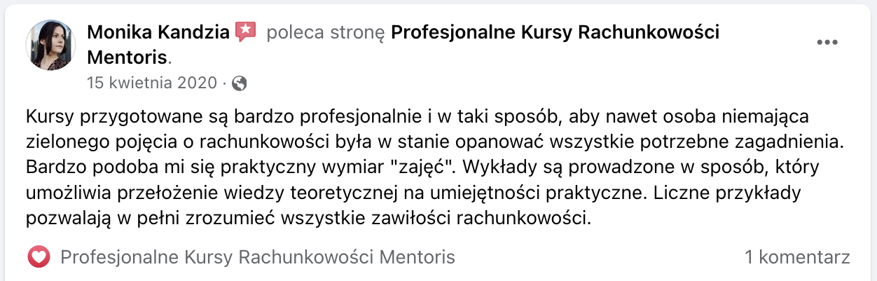 Opinia klienta Mentoris z Facebooka