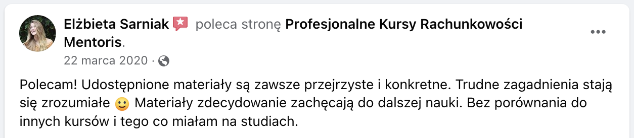Opinia klienta Mentoris z Facebooka