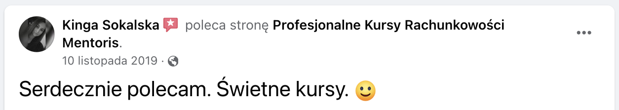 Opinia klienta Mentoris z Facebooka