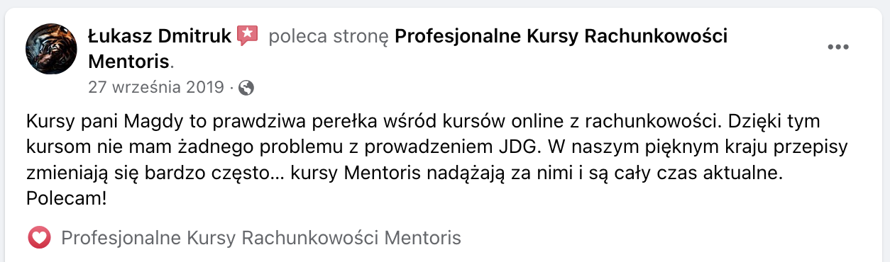 Opinia klienta Mentoris z Facebooka