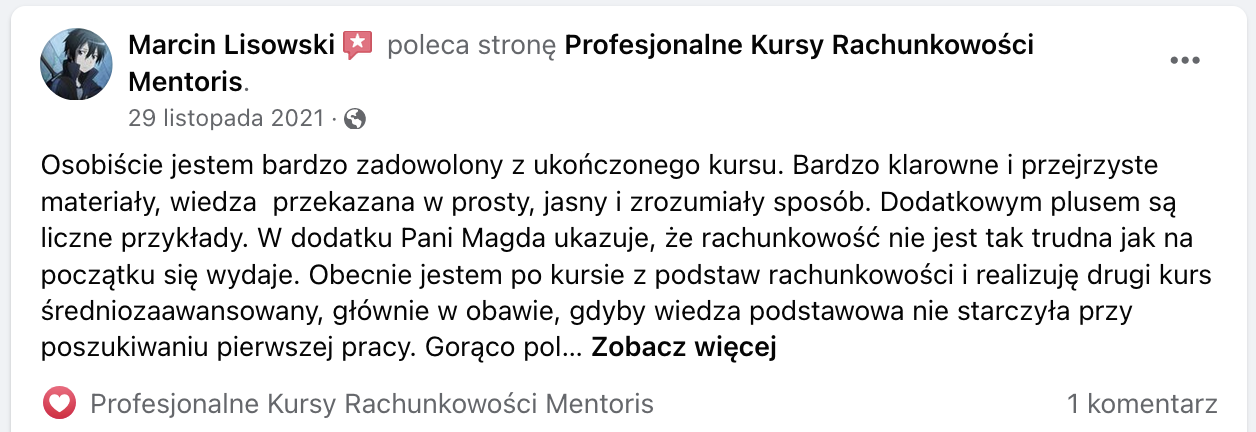 Opinia klienta Mentoris z Facebooka