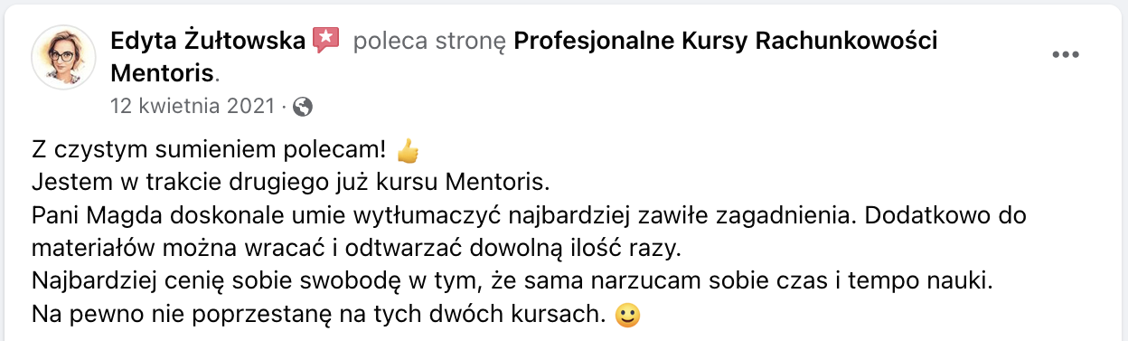 Opinia klienta Mentoris z Facebooka