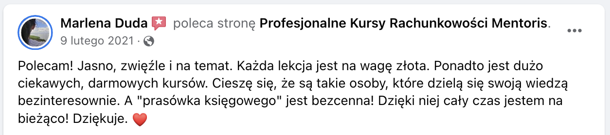 Opinia klienta Mentoris z Facebooka