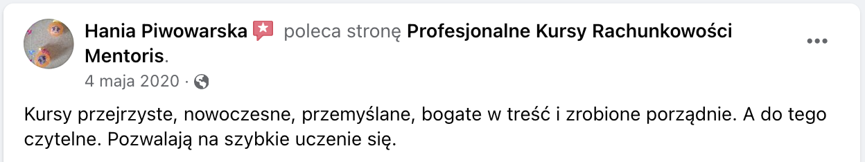 Opinia klienta Mentoris z Facebooka