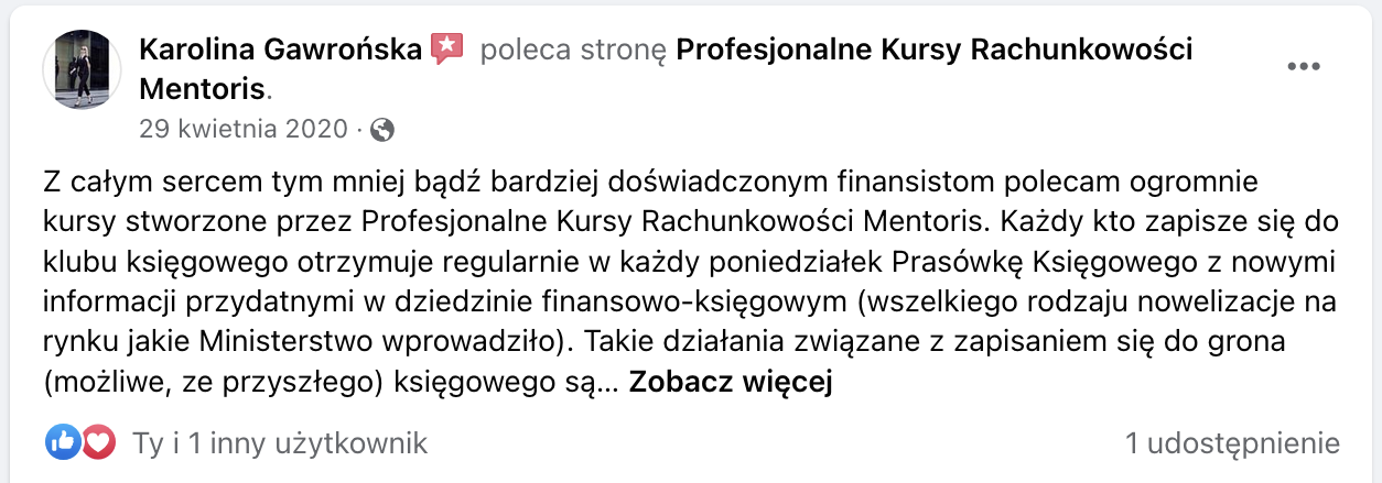 Opinia klienta Mentoris z Facebooka