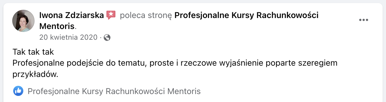 Opinia klienta Mentoris z Facebooka