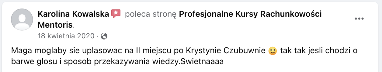 Opinia klienta Mentoris z Facebooka